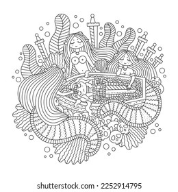 Mythology scandinavian death ritual. Dead knight man with beautiful mermaids. Fantasy underwater creatures. Coloring page for adults. Cute cartoon vector illustration. Isolated on white. Outline art