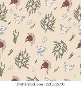 mythology, seamless greek pattern, ornament with olive branches, harp, antique column and helmet of the goddess Athena, ancient god, Rome, print for fabric and stationery, mythical style vector
