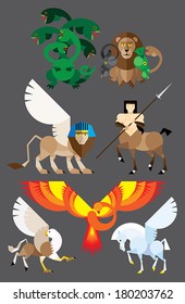 Mythology set in flat style - centaur, hydra, pegasus, phoenix, sphinx, hippogriffin, chimera