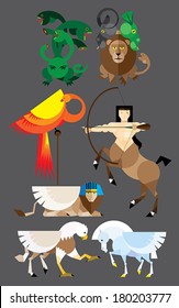 Mythology set in flat style - centaur, hydra, pegasus, phoenix, sphinx, hippogriffin, chimera