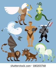 Mythology set in flat style - gryphon, medusa, minotaur, unicorn, cyclops, hippocampus, manticore, cerberus