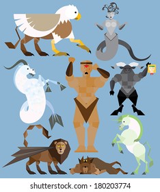 Mythology set in flat style - gryphon, medusa, minotaur, unicorn, cyclops, hippocampus, manticore, cerberus 