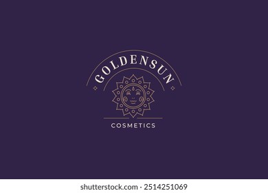 Mythologie Sonne Charakter Luxus Linie Kunst Logo Design Vorlage für Wellness Spa Vektorgrafik. Mythische heilige sonnige Sommer helles Licht linear logotype für Make-up Künstler Schönheitssalon Kosmetologie