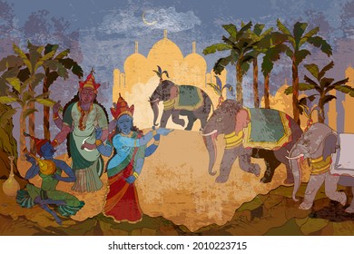 Mythology, tradition and history. Religion. Hinduism. Vishnu and Shiva. Dancing goddesses in the jungle. Gods of India. Ancient frescoes. Traditional indian mural paintings style. Old Asian culture 