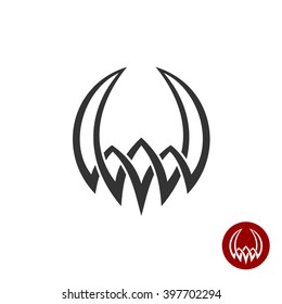 Mythology weaving abstract tattoo symbol. Round shape with horns demonic antique logo. Myth demon icon.