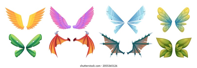 Mythology wings. Fantasy flying creatures monsters medieval fairy tale dragons or birds body parts big colored wings exact vector cartoon collection