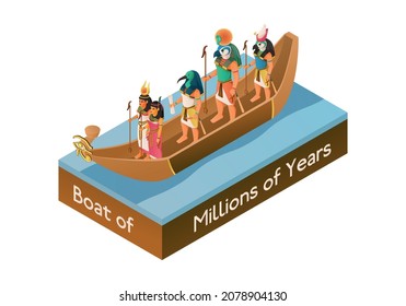 Myths Of Ancient Egypt Isometric Design Concept With Group Of Gods Floating In Boat Cartoon Vector Illustration