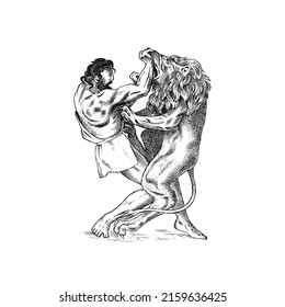 Myths ancient greece  hercules tearing the mouth lion  12 labors  Character sketch  Hand drawn vintage vector illustration for book  emblem print 