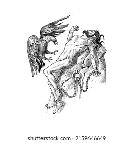 Myths of ancient greece. Prometheus titan chained on a rock and an eagle pecking him. Character sketch. Hand drawn vintage vector illustration for book, emblem or print.