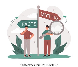 Myths and facts. Characters with magnifying glass separate truth from lies, analysis of information and news. Men together fight propaganda. Fake news concept. Cartoon flat vector illustration