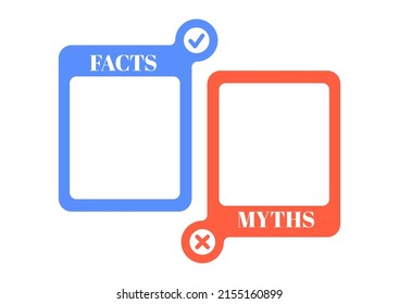 Myths and facts check list vector set. True or fiction infographic badge blank with check mark and cross in circle isolated on white background. Flat design fake and good news template illustration.