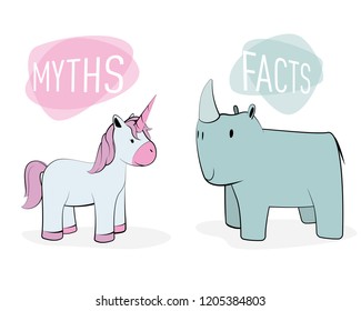 Myths and facts concept: Unicorn and rhinoceros