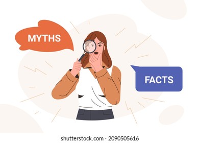 Myths and facts flat vector illustration. Amazed woman looking through magnifying glass and thinking or comparing between truth and false. Fake news versus true and honest. Concept of fact checking.