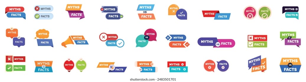 Myths facts icons set. Collection of colorful stickers, symbols and speech bubbles separating myths from facts