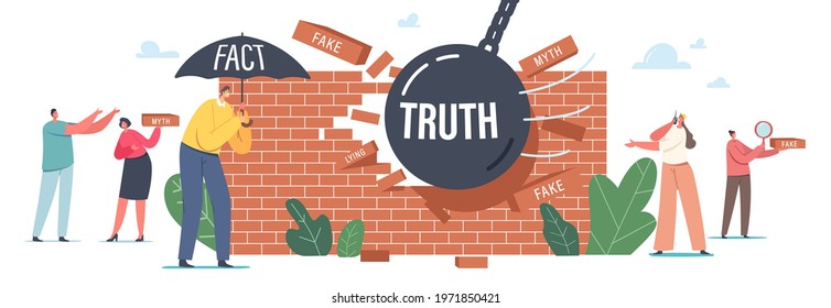 Myths and Facts, Information Accuracy Concept. Characters under Umbrella, Ball Demolishing Fake News Wall. Trust and Honest Data Source Versus, Fiction Authenticity. Cartoon People Vector Illustration