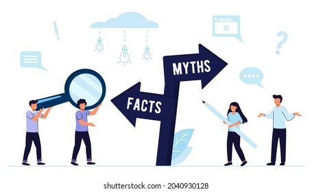 Myths and facts Information accuracy in flat tiny persons concept Businessman and directional sign of facts versus myths Verify rumors scene Fake news versus trust and honest data source