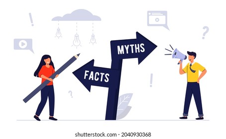 Myths and facts Information accuracy in flat tiny persons concept Businessman and directional sign of facts versus myths Verify rumors scene Fake news versus trust and honest data source