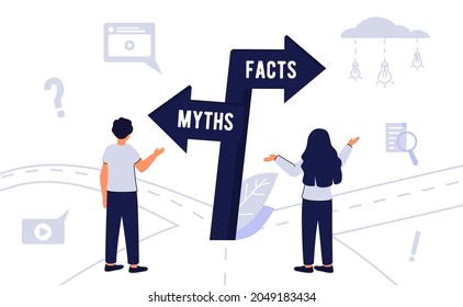 Myths and facts Information accuracy in flat tiny persons concept Businessman and directional sign of facts versus myths Verify rumors scene Fake news versus trust and honest data source