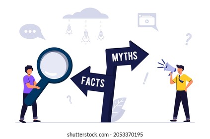 Myths and facts Information accuracy in flat tiny persons concept Businessman and directional sign of facts versus myths Verify rumors scene Fake news versus trust and honest data source