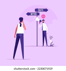 Myths and facts Information accuracy in persons concept. Businesswoman and directional sign of facts versus myths Verify rumors scene. Fake news versus trust and honest data source