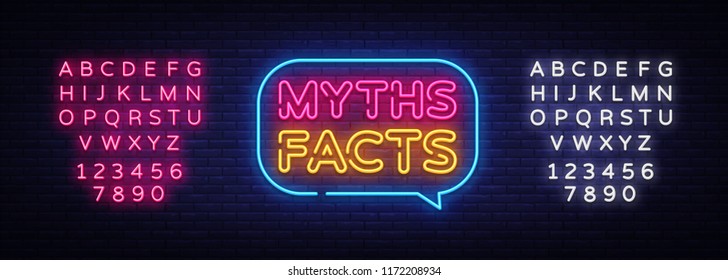 Myths Facts Neon Text Vector. Myths Facts neon sign, design template, modern trend design, night neon signboard, night bright advertising, light banner, light art. Vector. Editing text neon sign