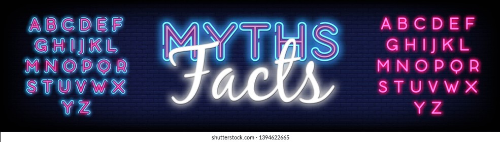 Myths Facts Neon Text Vector with a Brick Wall Background. Vector illustration. Editing Text Neon Signs