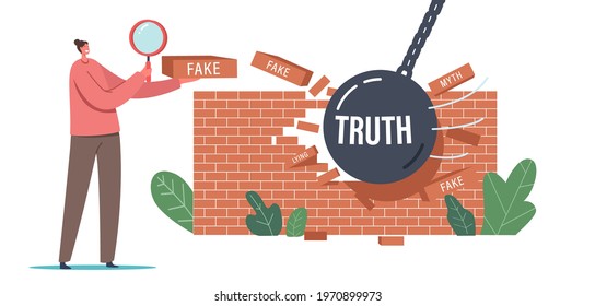 Myths and Facts Social Media Forgery Information Concept. Woman with Magnifying Glass Looking on Broken Wall Made of Fake News Bricks. Character Read False Media Info. Cartoon Vector Illustration