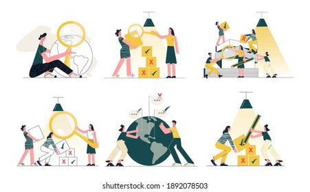 Myths and facts. Truth or fake news. Fact checking concept. Teamwork, team building, cooperation, partnership, collective project work trendy flat vector illustration isolated on white background