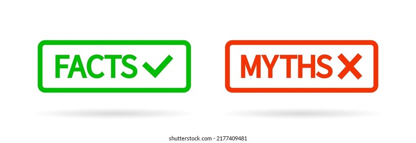 Myths and facts. Truth and false icons. Stamp of check, true and fiction. Outline badges with shadow for news isolated on white background. Vector.