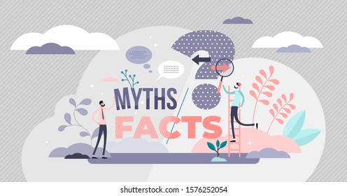 Myths and facts vector illustration. Information accuracy in flat tiny persons concept. Fake news versus trust and honest data source. Fiction authenticity research and checking. Verify rumors scene.