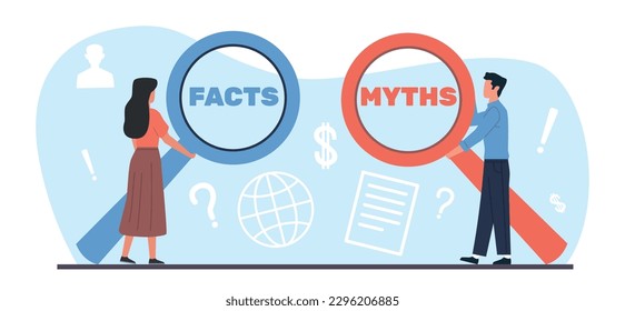 Myths or facts, woman and man look through magnifying glass and compare truth and lies. Choice right information, false and true info, cartoon flat style isolated illustration. Vector concept