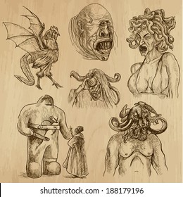 Myths and Legendary monsters around the World (set no. 1) - Collection of an hand drawn illustrations. Description: Each drawing comprise of two layer of outlines, colored background is isolated.