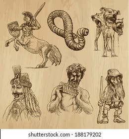 Myths and Legendary monsters around the World (set no. 2) - Collection of an hand drawn illustrations. Description: Each drawing comprise of two layer of outlines, colored background is isolated.