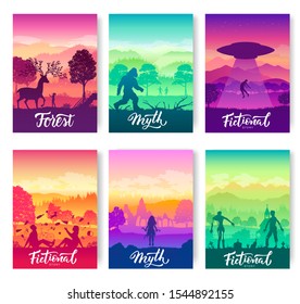 Myths and legends people believe in concept. Mystical creatures and mysterious events brochure cards set. Template of flyer, magazines, poster, books, banners. Supernatural cover layout modern page