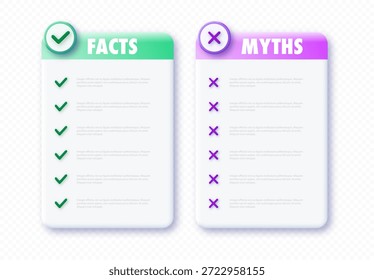 Rahmenvorlage Mythen vs Fakten einzeln auf transparentem Hintergrund. Faktenüberprüfung oder einfacher Vergleich von Beweisen für Test, Quiz, Spiel