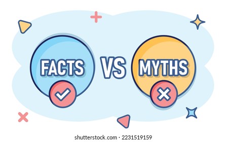 Myths vs facts icon in comic style. True or false cartoon vector illustration on white isolated background. Comparison sign business concept splash effect.