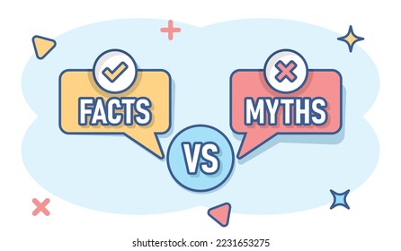 Myths vs facts icon in comic style. True or false cartoon vector illustration on white isolated background. Comparison sign business concept splash effect.