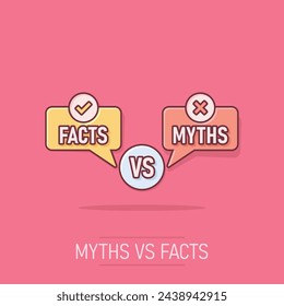 Myths vs facts icon in comic style. True or false cartoon vector illustration on isolated background. Comparison sign business concept splash effect.