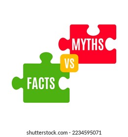 Myths vs facts icon, truth and false vector badge with red and green jigsaw puzzle pieces. True or reality versus lie, fake or fiction isolated symbol, fact checking, fake news or myth busting themes