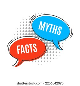 Myths vs facts icon, truth and false, fake versus true, fiction opposite reality vector speech bubbles on pop art halftone background. True or false game, fact checking and myth busting quiz badge