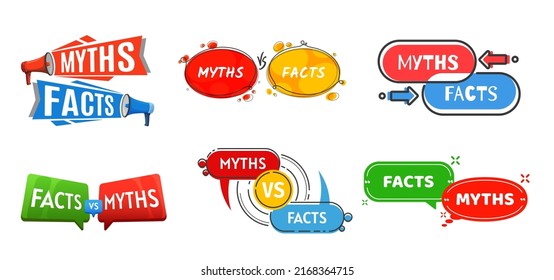 Myths vs facts icons, truth or false, true and fiction vector chat bubbles. Myths VS facts popup banners for reality and fake badges with arrows and megaphones, truth or false check signs