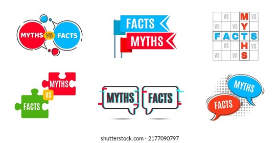 Myths vs facts icons, truth and false badge popups, vector true and fiction bubbles. Myths vs facts banners or reality and fake badges, flags and puzzle with crossword sign and chat bubbles