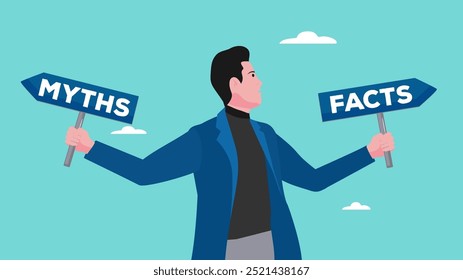 myths vs facts illustration, man carrying a board with myths and facts written on it concept vector illustration