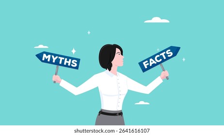 myths vs facts illustration, woman carrying a board with myths and facts written on it concept vector illustration