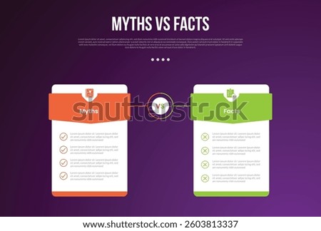 myths vs facts infographic for comparison data with price table box badge with triangle header with modern dark gradient style background with 2 point information vector