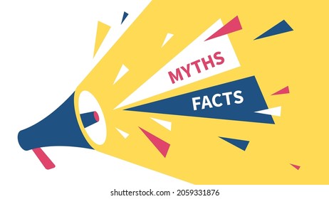 Myths vs facts. Loudspeaker with words, false and true info, fake and truth text, propaganda backdrop, audio marketing, banner or poster background, vector flat style concept