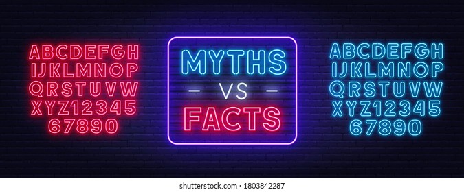 Myths vs facts neon sign on brick wall background