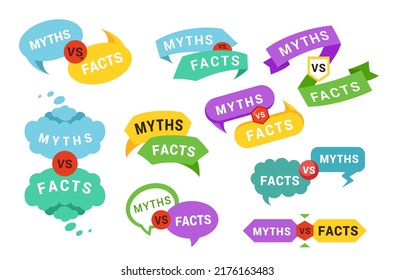 Mitos vs hechos establecidos contra la batalla ilustración vectorial isométrica. El puntero de burbujas de voz verdadero o falso y la cinta de opciones diferentes están aisladas. Problema de la mitología de las noticias incorrectas de ficción