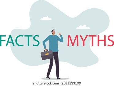 Myths vs Facts, true or false information, fake news or fictional, reality versus mythology knowledge.business concept.flat character.