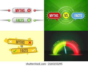 Myths vs facts, truth, false or true, fiction fake and reality, vector background with check icons. Myths vs facts and truth or false buster checkmarks and popup bubbles with true and false indicator